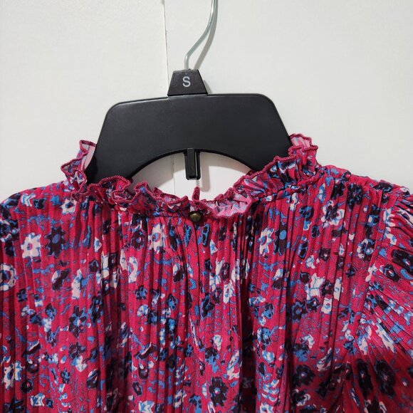 Anthropologie Frieda Sheer Pleated Short Sleeve Pink with Floral Blouse- Small - Picture 7 of 8